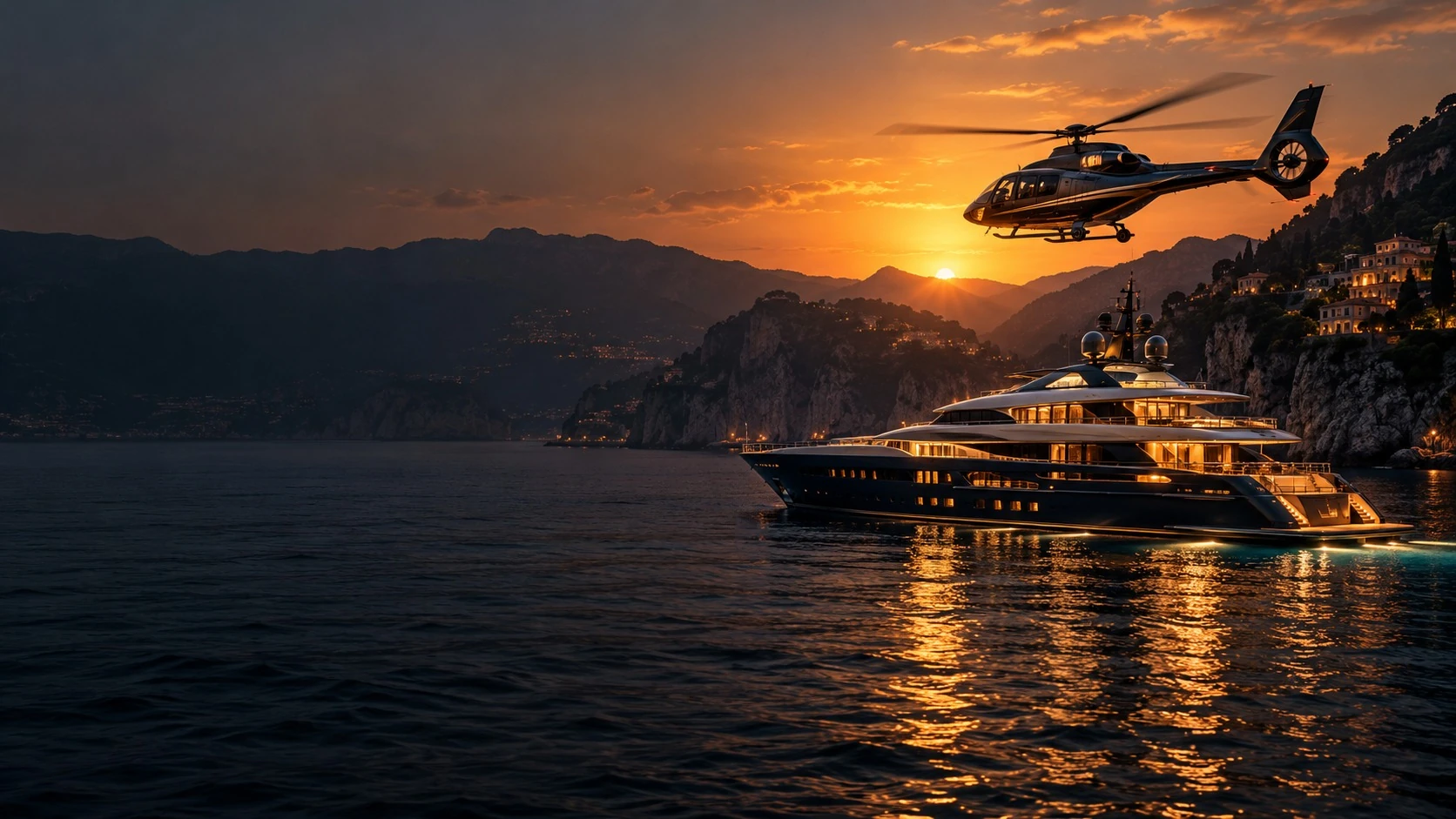 A helicopter approaches an illuminated superyacht at a dramatic golden sunset